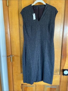 Talbots Brown Tweed V-Neck Cap-Sleeve Midi Dress